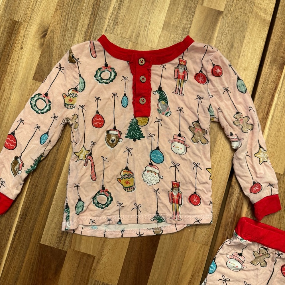 Mud Pie Kids Christmas Pajamas Pink Ornament Print Viscose Bamboo Set 12-18M